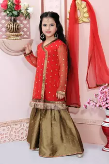 Red embroidered net kids salwar suits