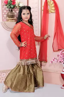 Red embroidered net kids salwar suits