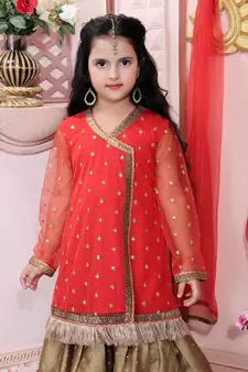 Red embroidered net kids salwar suits