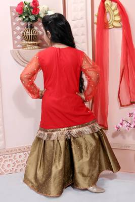 Red embroidered net kids salwar suits 5