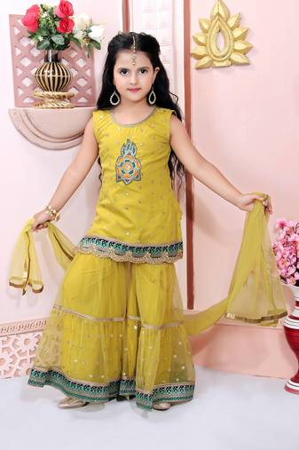 Yellow embroidered net kids salwar suits