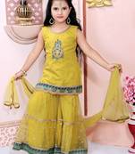 Yellow embroidered net kids salwar suits