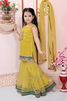 Yellow embroidered net kids salwar suits