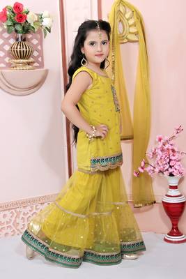 Yellow embroidered net kids salwar suits 3