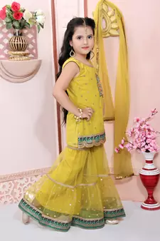 Yellow embroidered net kids salwar suits