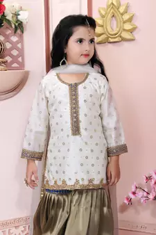 White embroidered chanderi silk kids salwar suits
