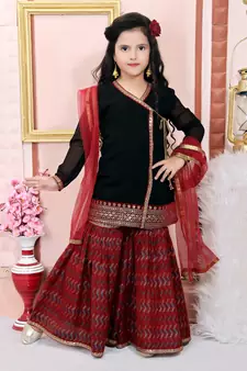Black embroidered faux georgette kids salwar suits