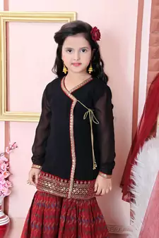 Black embroidered faux georgette kids salwar suits