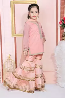 Pink embroidered net kids salwar suits