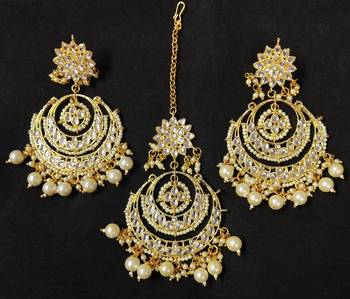 Long Chandbali White Pearl Kundan Earrings Tikka Set 1