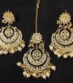 Long Chandbali White Pearl Kundan Earrings Tikka Set