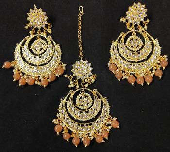 Long Chandbali Peech Pearl Kundan Earrings Tikka Set 1