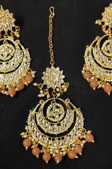 Long Chandbali Peech Pearl Kundan Earrings Tikka Set