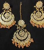 Long Chandbali Peech Pearl Kundan Earrings Tikka Set