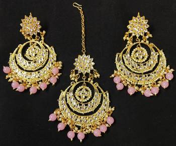 Long Chandbali Pink Pearl Kundan Earrings Tikka Set 1