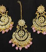 Long Chandbali Pink Pearl Kundan Earrings Tikka Set