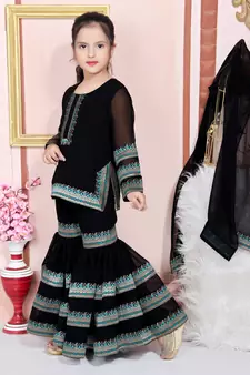 Black embroidered faux georgette kids salwar suits