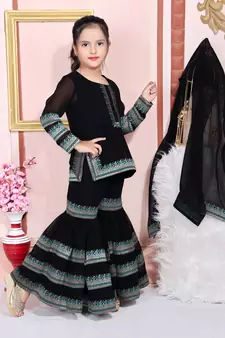 Black embroidered faux georgette kids salwar suits