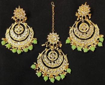 Long Chandbali Mint Green Pearl Kundan Earrings Tikka Set 1