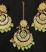 Long Chandbali Mint Green Pearl Kundan Earrings Tikka Set