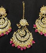 Long Chandbali Ruby Pink Pearl Kundan Earrings Tikka Set