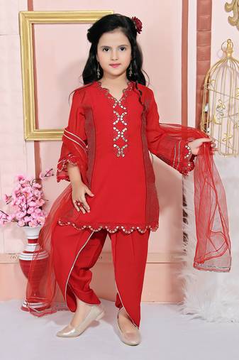 Red embroidered faux georgette kids salwar suits