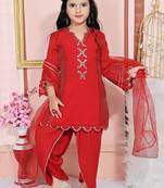 Red embroidered faux georgette kids salwar suits