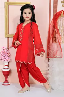 Red embroidered faux georgette kids salwar suits