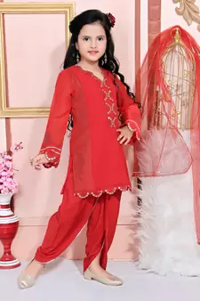 Red embroidered faux georgette kids salwar suits
