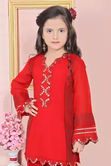 Red embroidered faux georgette kids salwar suits