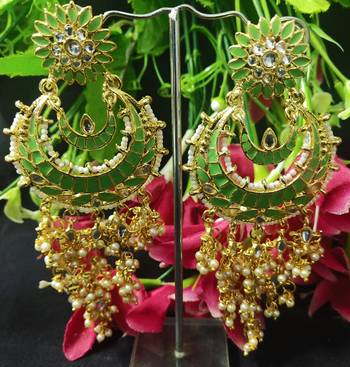 Mint Green Meenakari Chandbali Long Laheriya Pearl Earrings Set 1