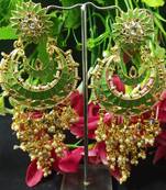 Mint Green Meenakari Chandbali Long Laheriya Pearl Earrings Set