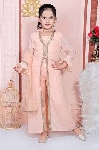 Pink embroidered faux georgette kids salwar suits