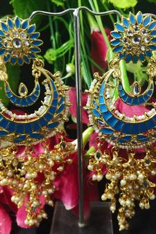 Turquoise Blue Meenakari Chandbali Long Laheriya Pearl Earrings Set