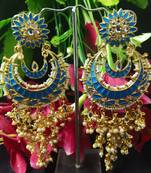 Turquoise Blue Meenakari Chandbali Long Laheriya Pearl Earrings Set