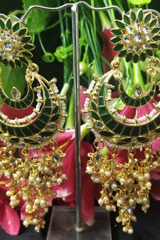 Emerald Green Meenakari Chandbali Long Laheriya Pearl Earrings Set
