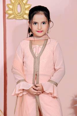 Pink embroidered faux georgette kids salwar suits 4