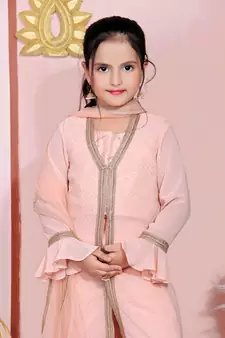 Pink embroidered faux georgette kids salwar suits
