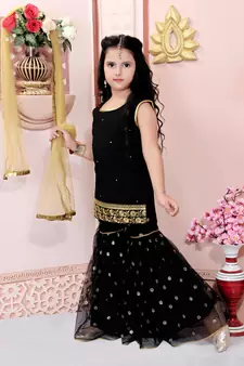 Black Cotton Silk Sequin and Threadwork Embroidered Sharara Suit