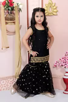Black Cotton Silk Sequin and Threadwork Embroidered Sharara Suit