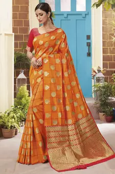 Orange woven banarasi silk saree with blouse