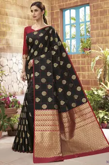 Black woven banarasi silk saree with blouse