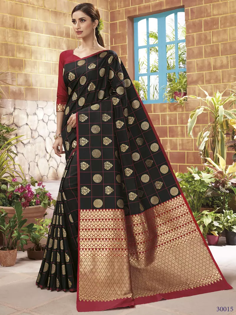 Black woven banarasi silk saree with blouse