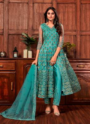 Teal-green embroidered net salwar 1