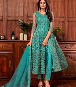 Teal-green embroidered net salwar