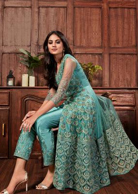 Teal-green embroidered net salwar 2