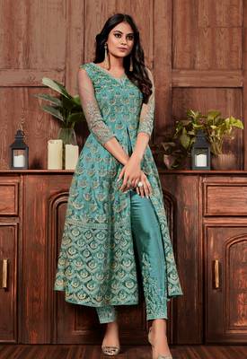 Teal-green embroidered net salwar 3