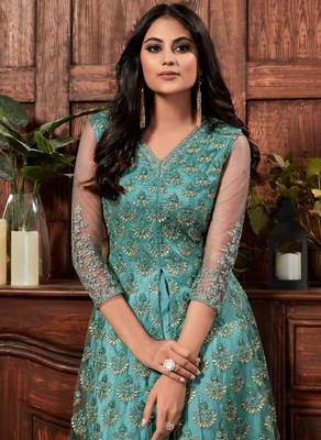 Teal-green embroidered net salwar 4