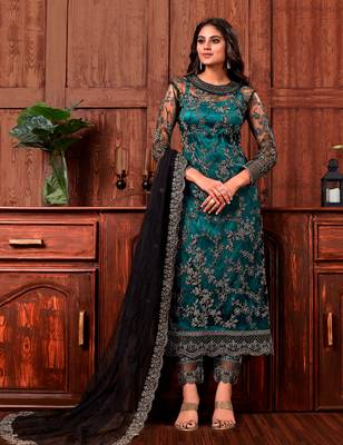 Teal embroidered net salwar 1