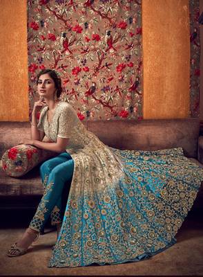 Beige embroidered net salwar 3